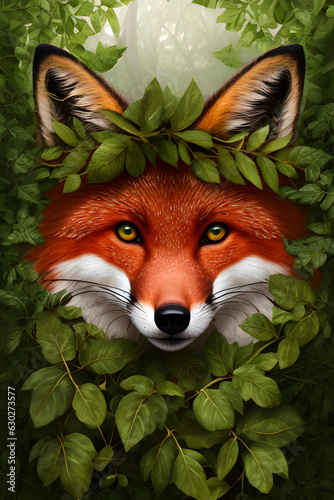 closeup fox portrait in green leaves in jungle photo