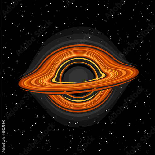 Vector illustration of Black Hole, square astronomical poster with  cartoon design hot rotating orange gas clouds, line art cosmo print with futuristic black hole singularity on dark starry background