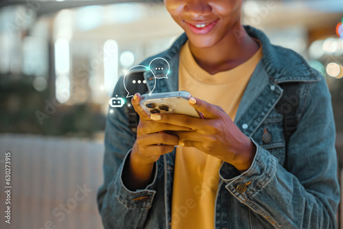 Digital AI chatbot, Happy young African American woman using mobile smartphone with AI chatbot for online information in night town, conversation assistant. photo