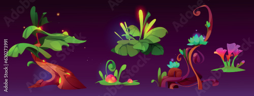 Fantasy plant for magic forest cartoon game vector set. Alien planet nature element in fantastic world isolated with glow. Glossy psychedelic colorful wonderland jungle landscape asset illustration