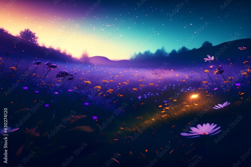 The scene includes a meadow, wild flowers, and a pleasant morning sun The scene includes a meadow, wild flowers, and a pleasant morning sun