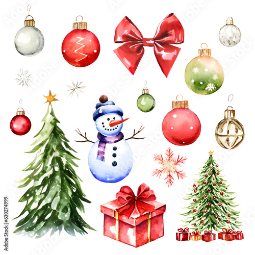 Merry Christmas watercolor set of traditional decor and elements. Tree, gift boxes, bows and bolls. Elements of a Christmas mood on a white background.
