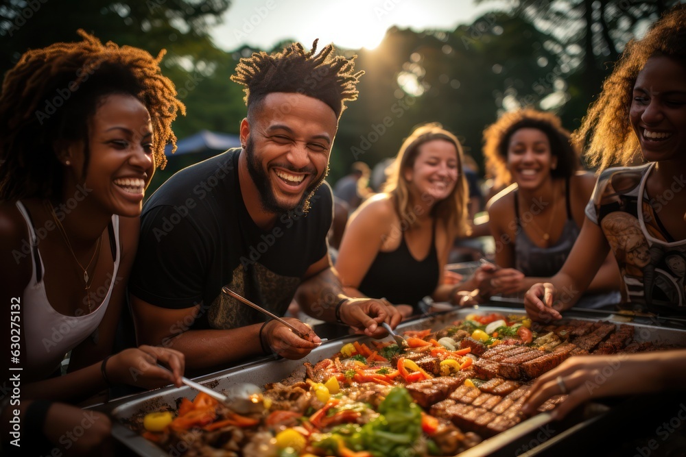 Portrait of happy friends barbecuing at park. Garden party outdoors with drinks, friends social concept.