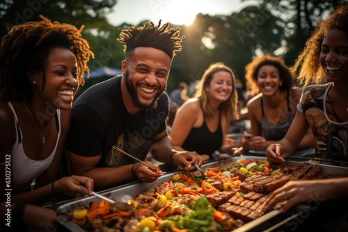 Portrait of happy friends barbecuing at park. Garden party outdoors with drinks  friends social concept.