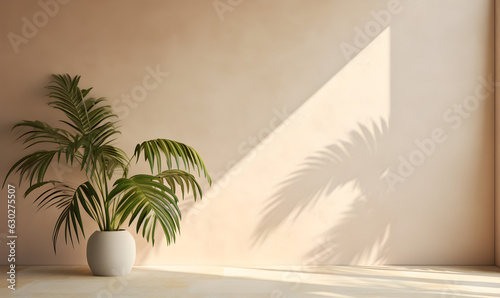 Cosmetic background for product presentation with tropical palm leaf  3d render illustration  soft beautiful dappled sunlight . Generative AI