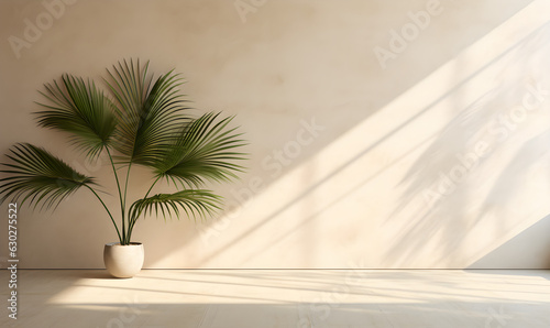 Cosmetic background for product presentation with tropical palm leaf, 3d render illustration, soft beautiful dappled sunlight . Generative AI © Darya