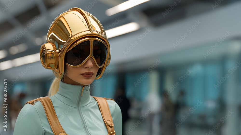 Model Frau mit hübschen Gesicht mit Futuristischen Cyperpunk Outfit und Helm, ai generativ Model Frau mit hübschen Gesicht mit Futuristischen Cyperpunk Outfit und Helm, ai generativ