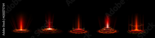 Red light game circle portal with hologram effect. Ui vector teleport podium with magic glow and hud fantasy futuristic element. Cyber abstract vortex round laser pedestal for product display.