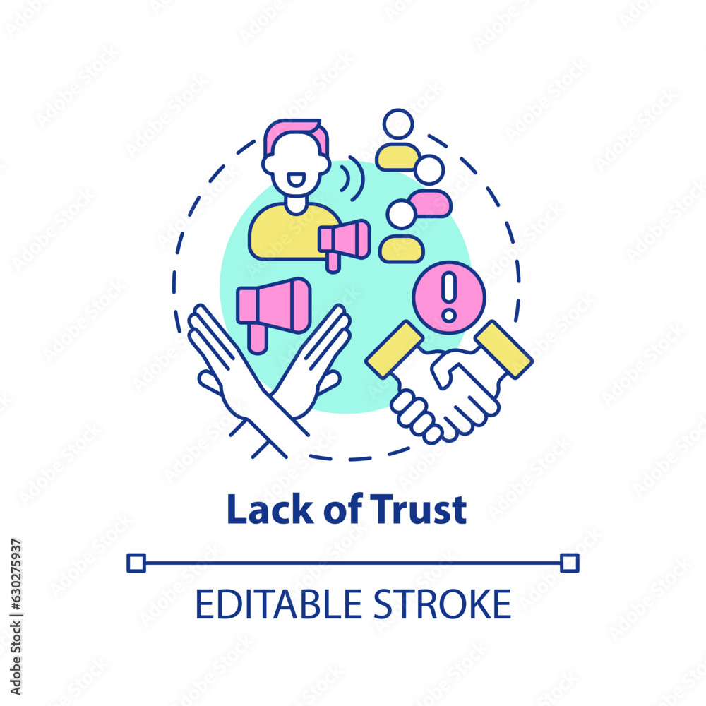 Lack of trust multi color concept icon. Customer confidence. Company reputation. Closing deal. Sales objection. Round shape line illustration. Abstract idea. Graphic design. Easy to use Lack of trust multi color concept icon. Customer confidence. Company reputation. Closing deal. Sales objection. Round shape line illustration. Abstract idea. Graphic design. Easy to use