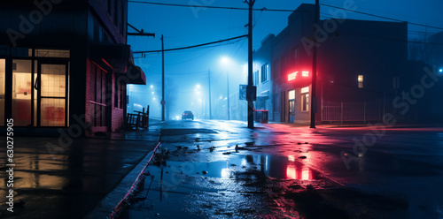 Print op canvas City wet road or alley in a misty night
