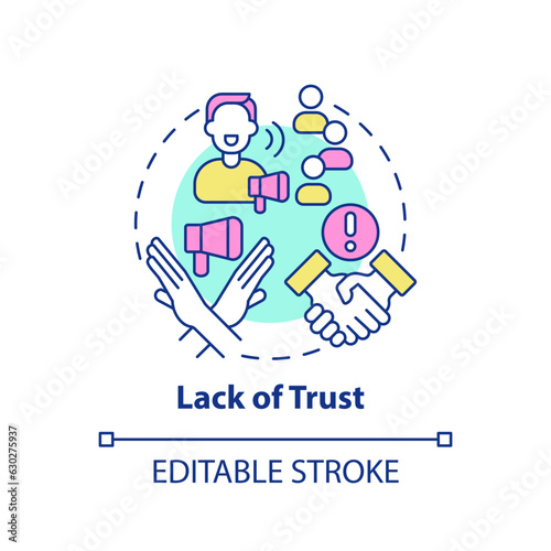 Lack of trust multi color concept icon. Customer confidence. Company reputation. Closing deal. Sales objection. Round shape line illustration. Abstract idea. Graphic design. Easy to use