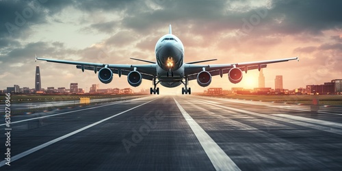 Airplane taking off from the runway of airport at sunset. Transportation concept