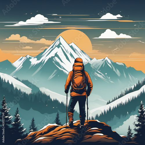 Digital Illustration Of A Mountain Climber, Mountain Top And Forests At Background © Özgür Güvenç