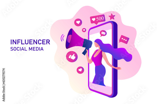 Beautiful woman shouting in loud speaker with social media icons. Influencer social media marketing, blogger, vlogging, social influencer and influencer marketing concept vector illustration