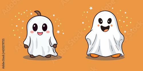 Cute, lovely cartoon Halloween ghost for holiday design elements.