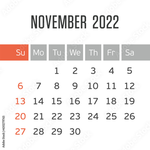 2022 November calendar template. Flat graphics of single page of wall Calendar concept isolated on gray background. Week starts from Sunday.