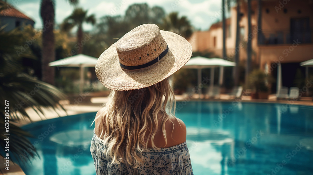 back view of young stylish woman standing by the pool