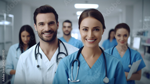 Doctors in Uniforms Standing in Hospital Medical Workers Smiling