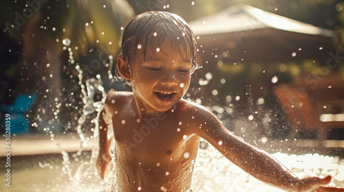 child playing and splashing in pool in summer