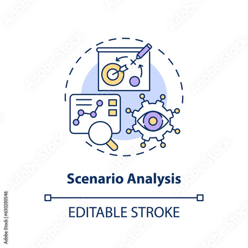 2D editable scenario analysis thin line icon concept, isolated vector, multicolor illustration representing overproduction.