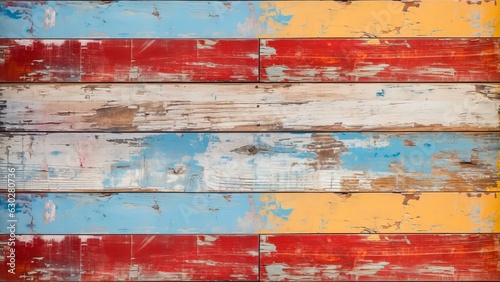 old rustic abstract painted wooden wall table floor texture - Grunge red blue yellow white painting shabby peeled off wood background (Generative Ai)