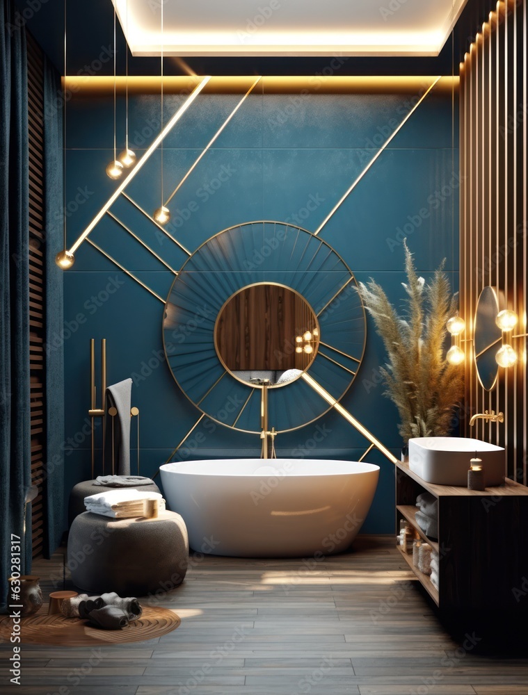 High detail bathroom with LED lights. Sleek and elegant marble bathroom with freestanding bathtub High detail bathroom with LED lights. Sleek and elegant marble bathroom with freestanding bathtub