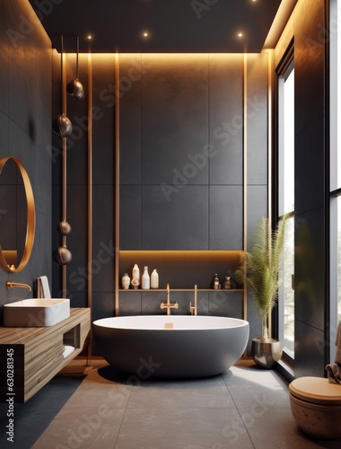 High detail bathroom with LED lights. Sleek and elegant marble bathroom with freestanding bathtub