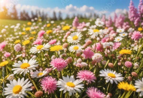 Meadow with lots of white and pink spring daisy flowers and yellow dandelions in sunny day