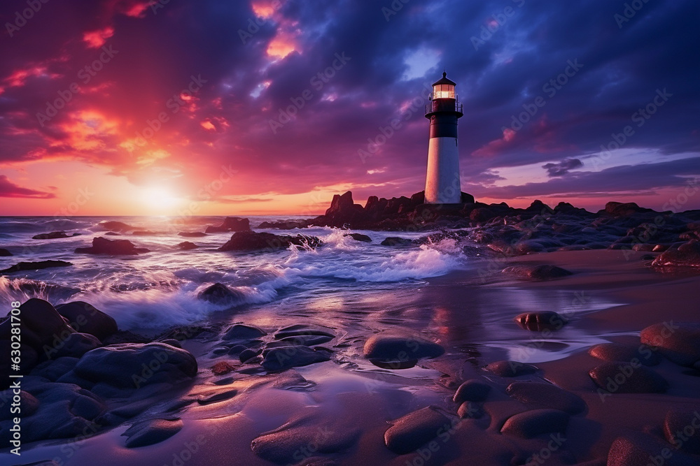 lighthouse on the beach at sunset,