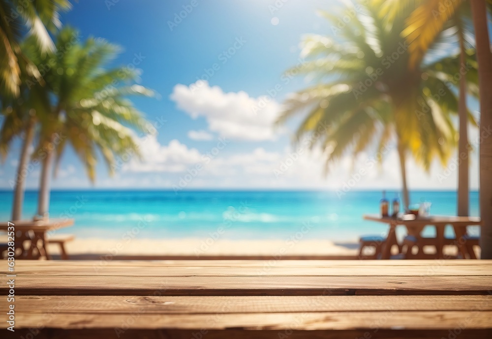 Empty wooden table on sunny blurred tropical pool background Empty wooden table on sunny blurred tropical pool background