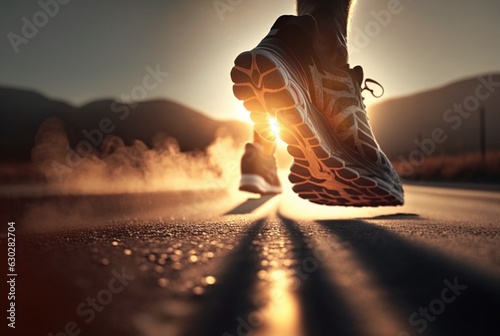 Close up of shoes, athlete's foot runner running on the street in the sun in the morning. generative ai photo
