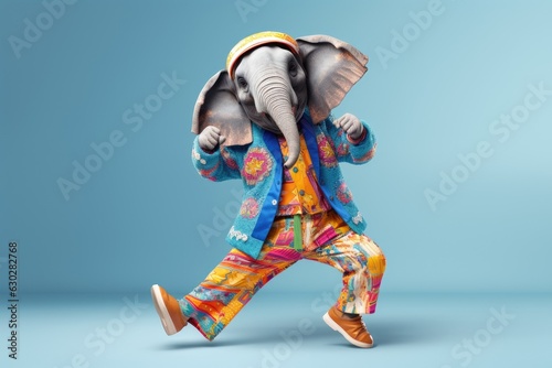  Elephant wearing colorful clothes dancing on the blue background