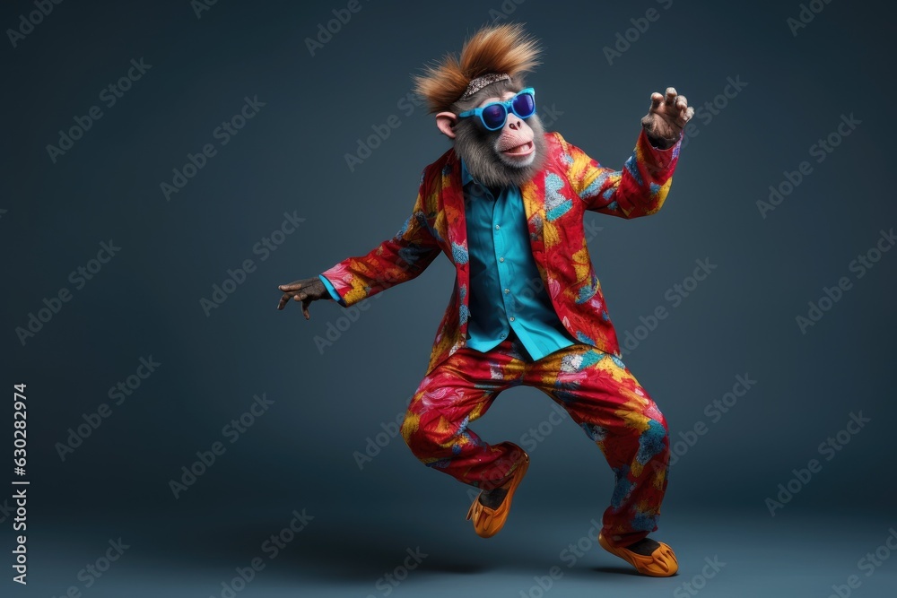  Monkey wearing colorful clothes dancing on the blue background