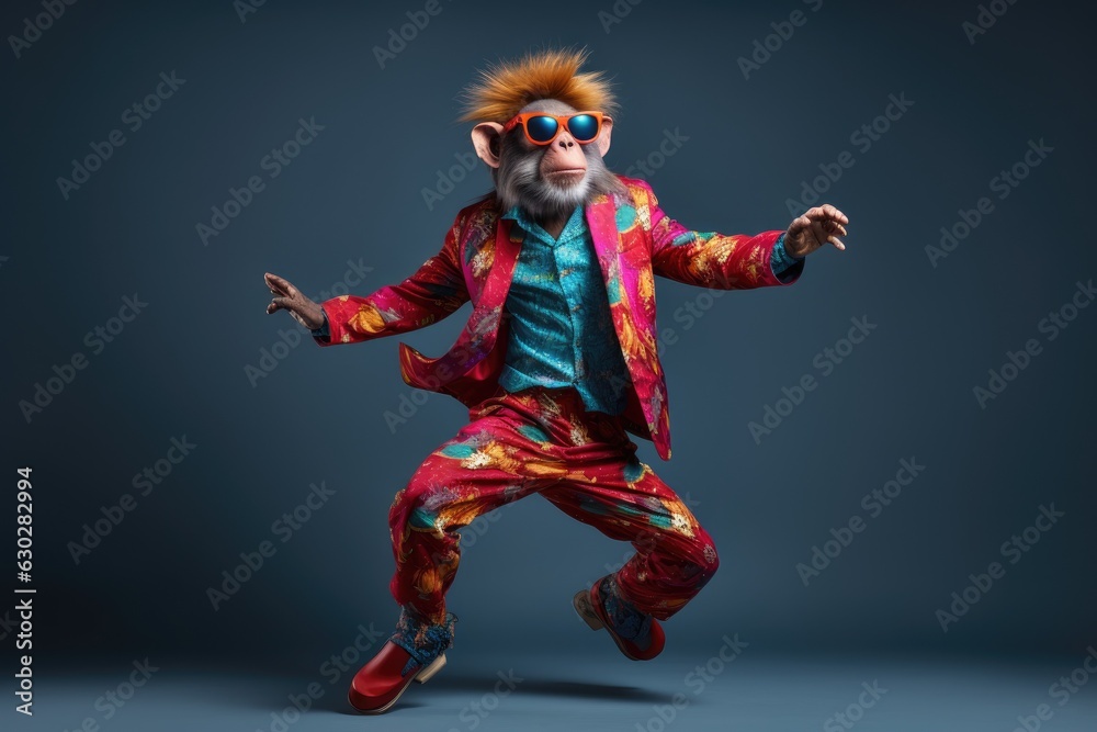  Monkey wearing colorful clothes dancing on the blue background