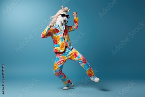  Horse wearing colorful clothes dancing on the blue background