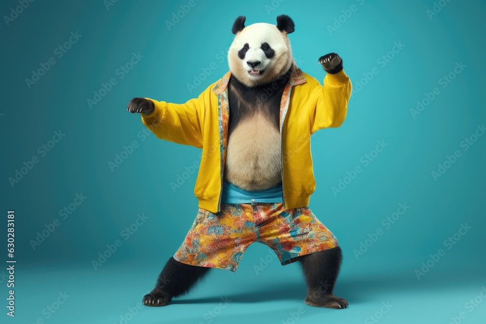 Panda wearing colorful clothes dancing on the blue background Panda wearing colorful clothes dancing on the blue background