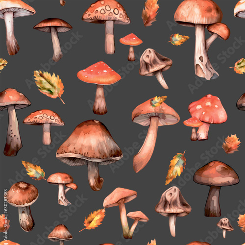 Mushroom pattern. Autumn seamless pattern. Realistic illustration of mushrooms, autumn seamless pattern, color background. Print for printing on textiles, clothes