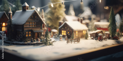 Christmas miniature scene of cozy town with festive buildings, lights, bokeh,toys and decorations for Christmas.New year background.Winter card.Holidays template.magical сinematic effect.Generative AI