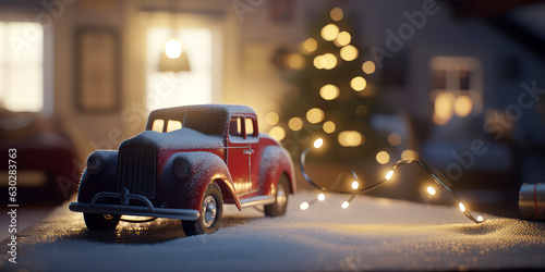 Christmas miniature scene of retro toy red car with bokeh, garland and Christmas tree on background. New year illustration. Winter card.Holidays template.magical сinematic effect.Generative AI