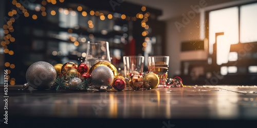  Close-up of Christmas decorations, blurred lights, bokeh in cozy home. Preparing to Christmas and New year event. Mystery evening atmosphere. Holidays winter celebration concept. Generative ai