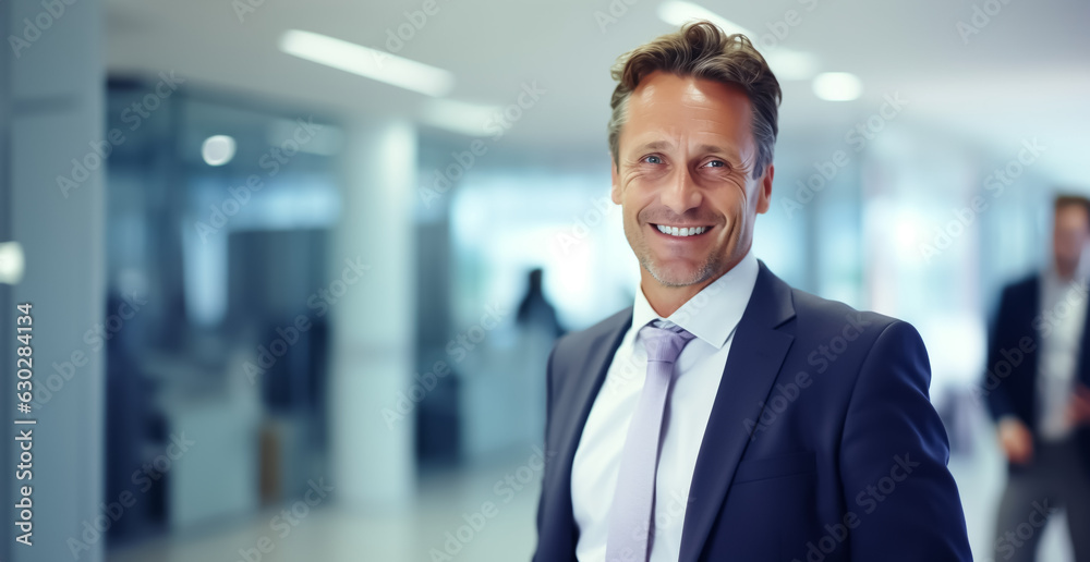 Sympathetic manager stands in reception hall and smiles into the camera - Topic Management, Board, Executive - Generative AI Sympathetic manager stands in reception hall and smiles into the camera - Topic Management, Board, Executive - Generative AI