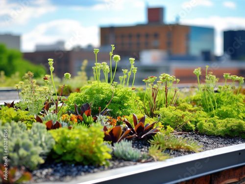 Green Roof: A close-up of plants growing on a green roof, showcasing the benefits of urban green spaces in reducing heat island effects and improving air quality