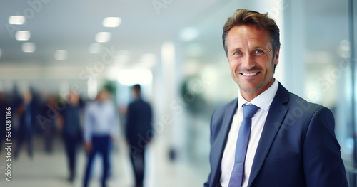 Businessman in business environment smiling competently at camera - Theme business world, business manager or business relations - Generative AI photo