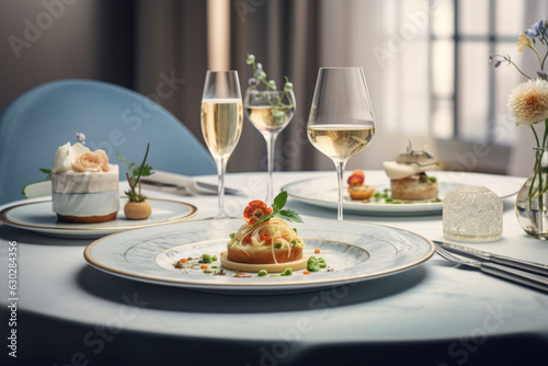 Fototapeta Naklejka Na Ścianę i Meble -  Refined and elegant restaurant cuisine in pastel colors on light background. Generative AI