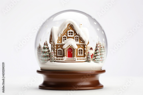 Christmas snow globe with gingerbread house inside on white background. AI generated © barmaleeva