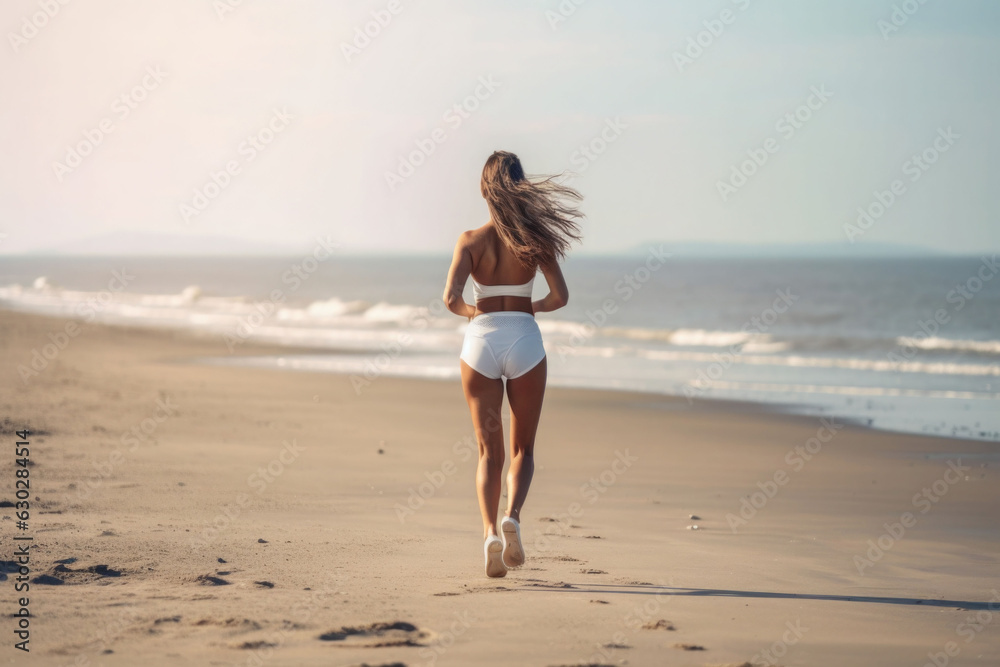 A girl jogging along the seaside. A healthy lifestyle and an effortless way of life. Generative AI