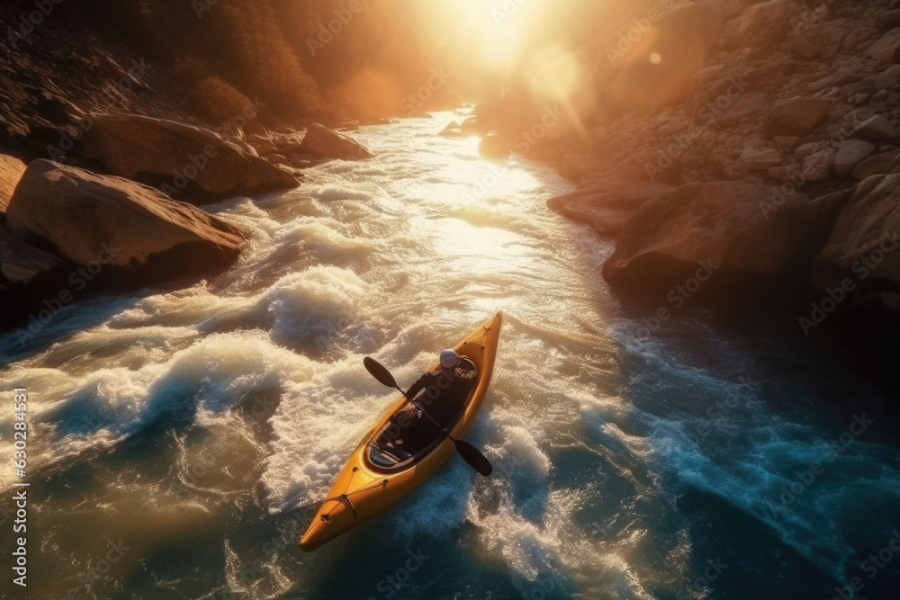 Fototapeta premium Aerial top view of extreme sport. Kayak sails mountain river. Rafting, kayaking. Generative AI