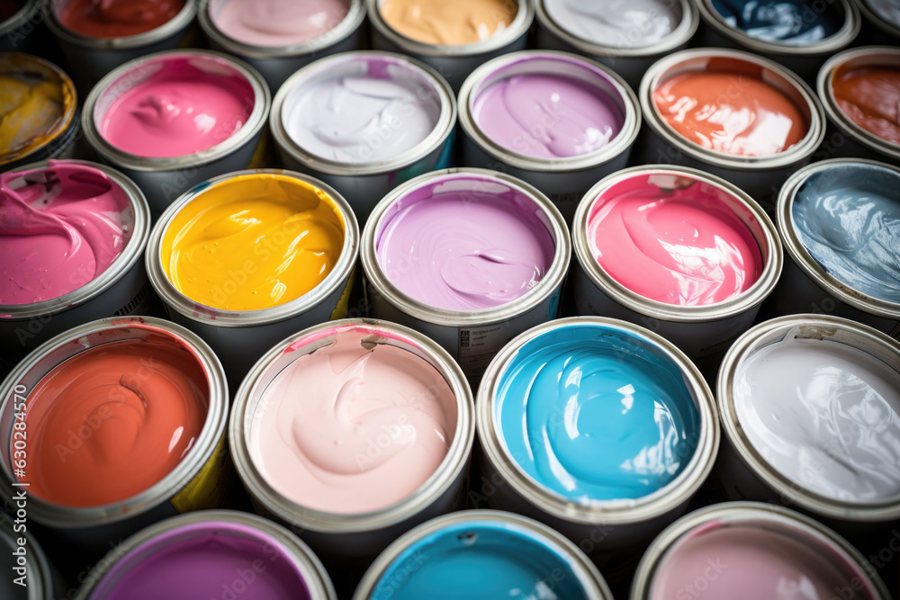 Close up of open paint cans with pastel paint. Generative AI Close up of open paint cans with pastel paint. Generative AI