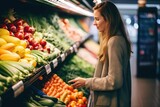 woman buy vegetables and fruits in supermarket. Woman buy vegetables in grocery store, supermarket.