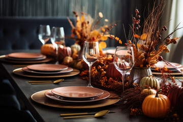 Fall table setting for celebration Thanksgiving or Friendsgiving day, family party. AI generated
